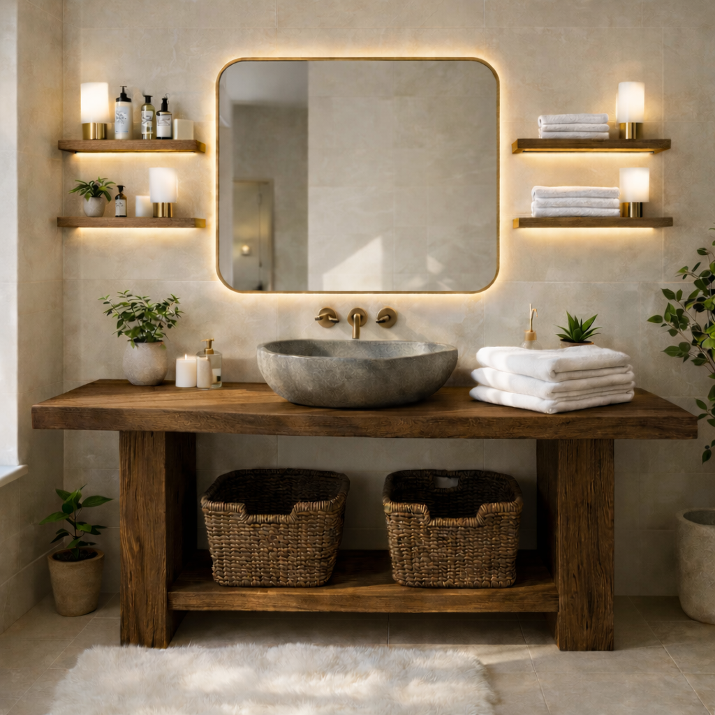 Rustic Solid Wood Bathroom Vanity Table With Open Shelf Farmhouse Bathroom Cabinet Kitchnce