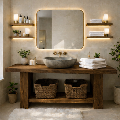 Rustic Solid Wood Bathroom Vanity Table With Open Shelf Farmhouse Bathroom Cabinet Kitchnce