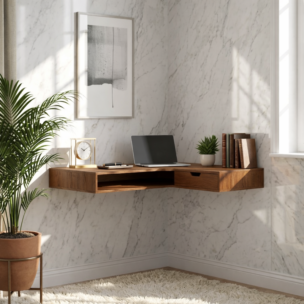 Floating Corner Desk – Slim Walnut Wall Workspace