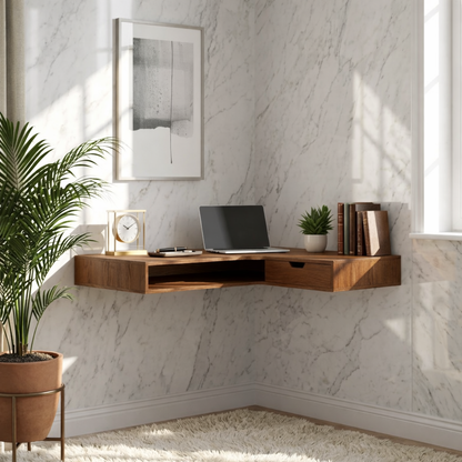 Floating Corner Desk – Slim Walnut Wall Workspace