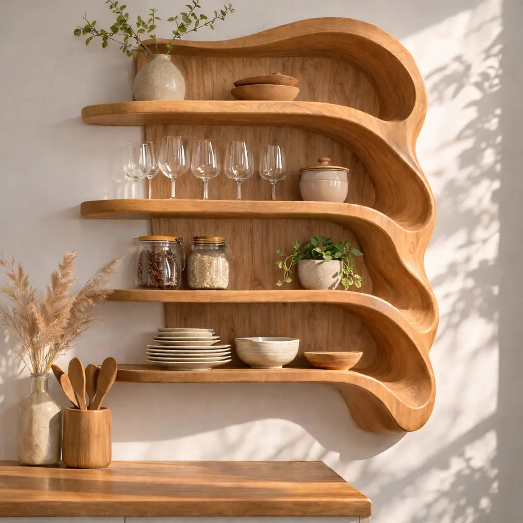 Solid Wood Curved Kitchen Cabinet Shelf – Organic Floating Wall Storage Rack Kitchnce