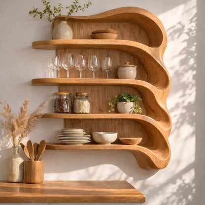 Solid Wood Curved Kitchen Cabinet Shelf – Organic Floating Wall Storage Rack Kitchnce
