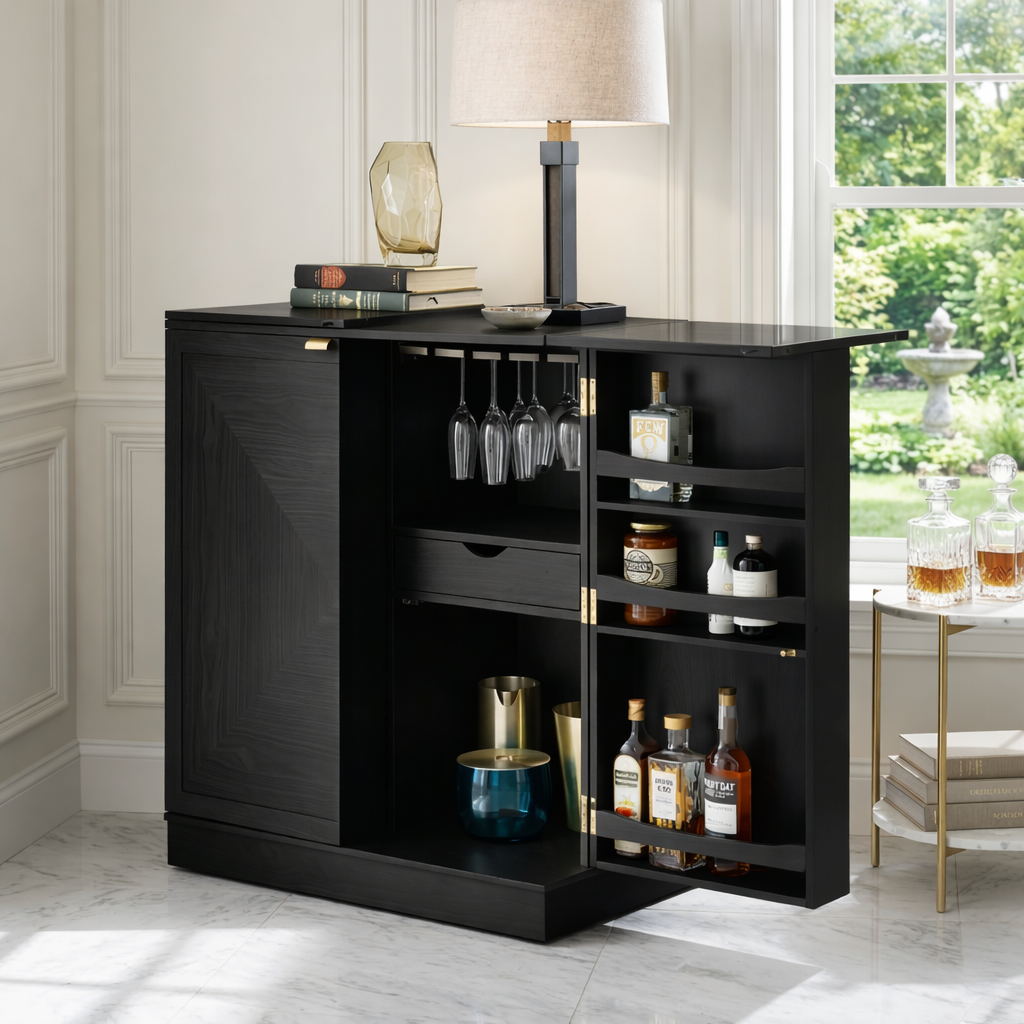 Contemporary Wooden Bar Cabinet, Fold-Out Entertaining Console with Glassware Storage