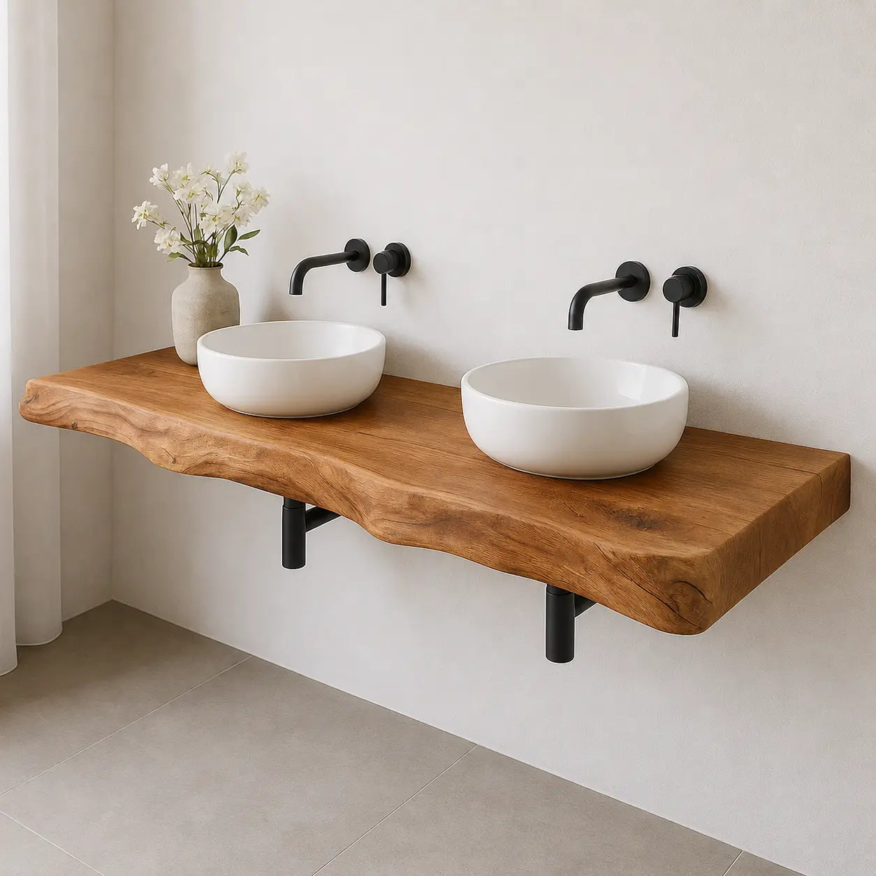 Double Sink Live Edge Vanity Shelf | Solid Wood Floating Bathroom Counter Kitchnce