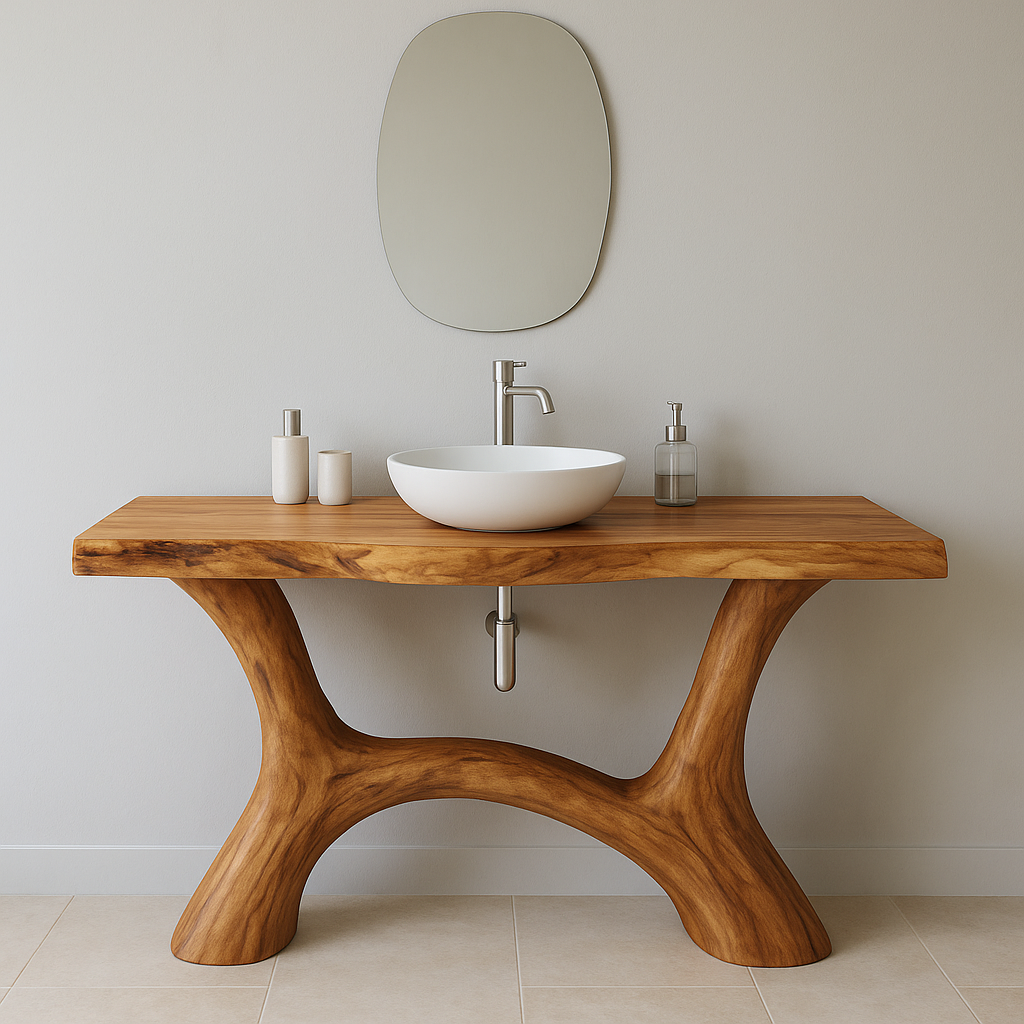 Handcrafted Solid Wood Bathroom Vanity – Modern Organic Form with Sculptural Curved Base Kitchnce