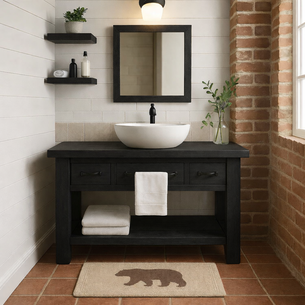 Rustic Solid Wood Bathroom Vanity with Vessel Sink & Storage – Modern Design Kitchnce