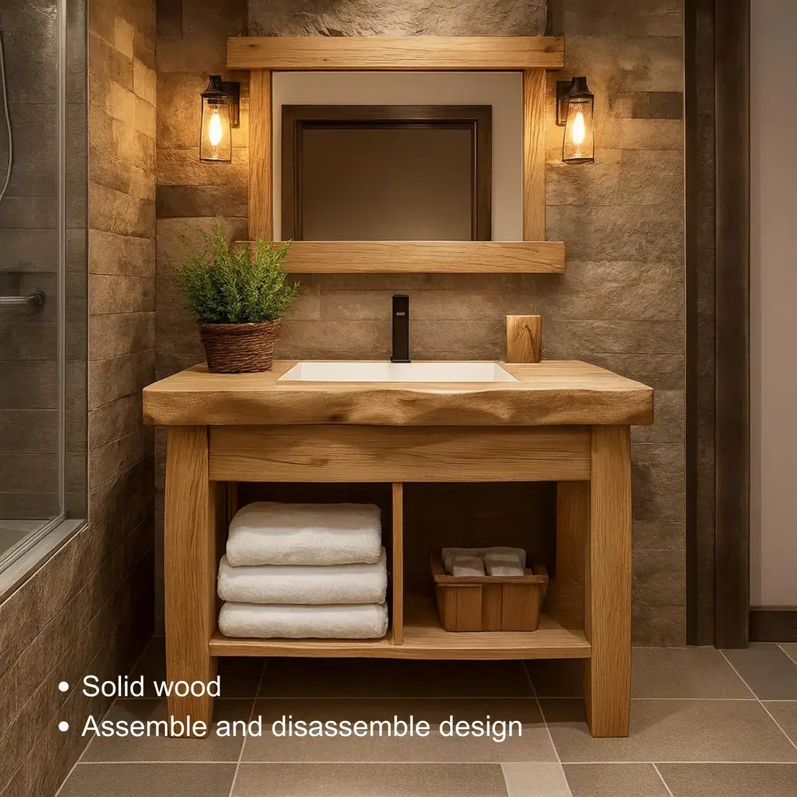 Handcrafted Solid Wood Bathroom Vanity with Natural Live Edge and Open Shelf Rustic Design Kitchnce