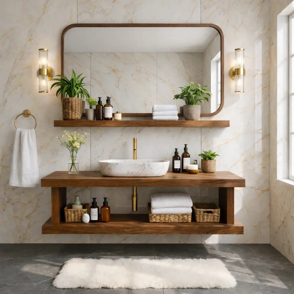Floating Bathroom Vanity with Natural Wood Shelf Storage and Modern Wall Mounted Design Kitchnce