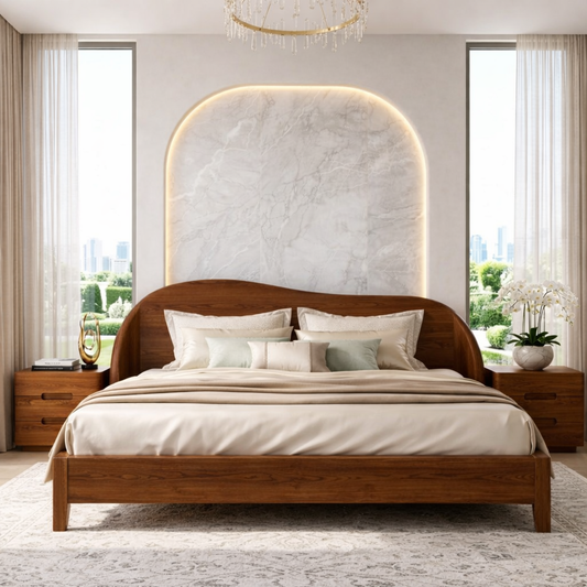 Modern Wooden Bed Frame with Curved Headboard and Minimalist Bedroom Style