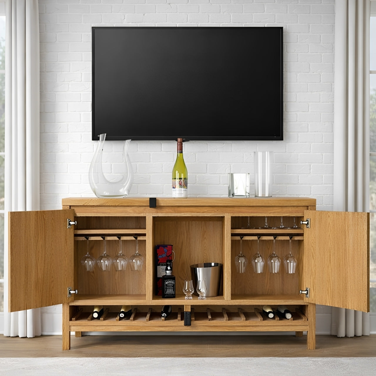 Handcrafted Solid Wood Wine Cabinet Oak Bar Sideboard with Glass Rack and Bottle Storage