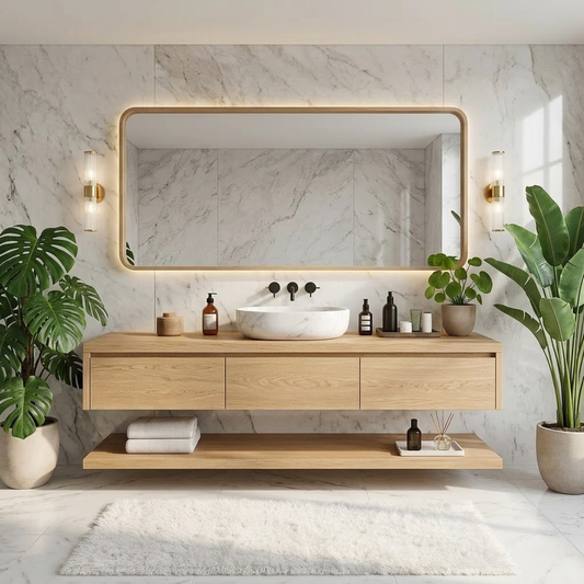 Modern Floating Vanity with Shelves, Oak Bathroom Storage Unit, Wall-Mounted Cabinet Kitchnce