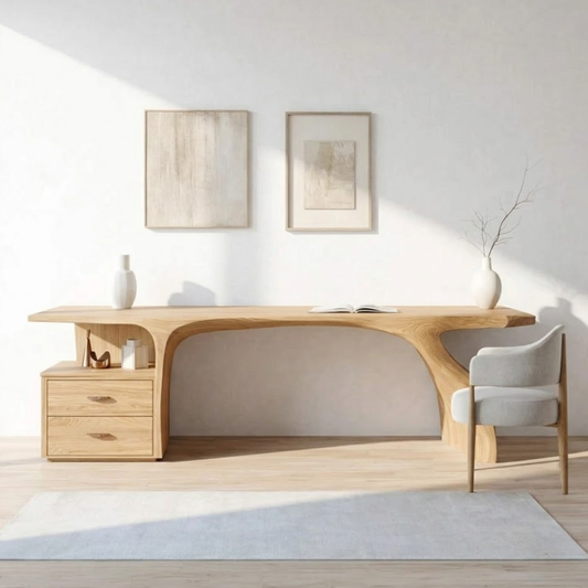 Curved Writing Desk with Storage Drawer Modern Home Office Table Minimalist Workstation