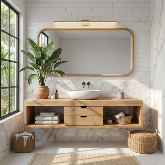 Sleek Oak Floating Vanity with Marble Sink and Ample Storage for Modern Bathrooms Kitchnce