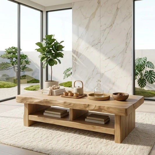Rustic Solid Wood Coffee Table with Live Edge Top and Open Storage Shelf Kitchnce