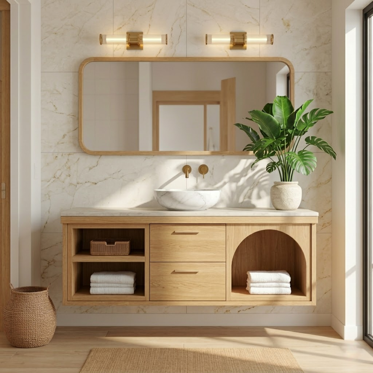 Modern Walnut Floating Vanity with Arched Shelf and Natural Finish Kitchnce