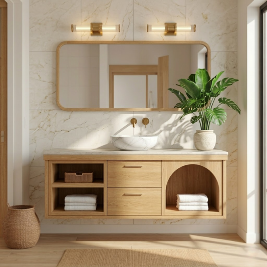 Modern Walnut Floating Vanity with Arched Shelf and Natural Finish Kitchnce