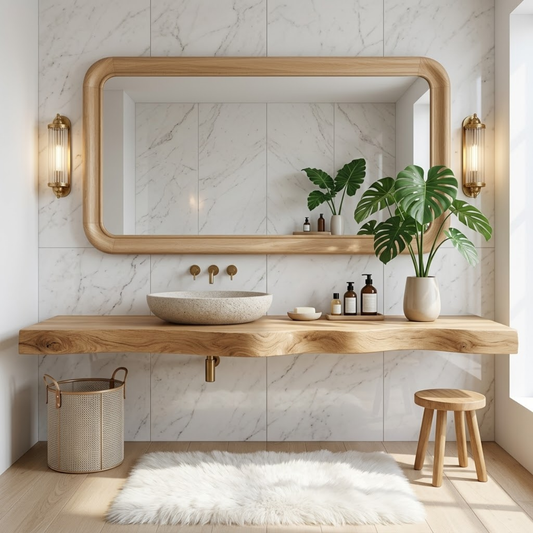 Floating Vanity with Natural Wood, Open Shelf, and Stone Basin Sink Kitchnce