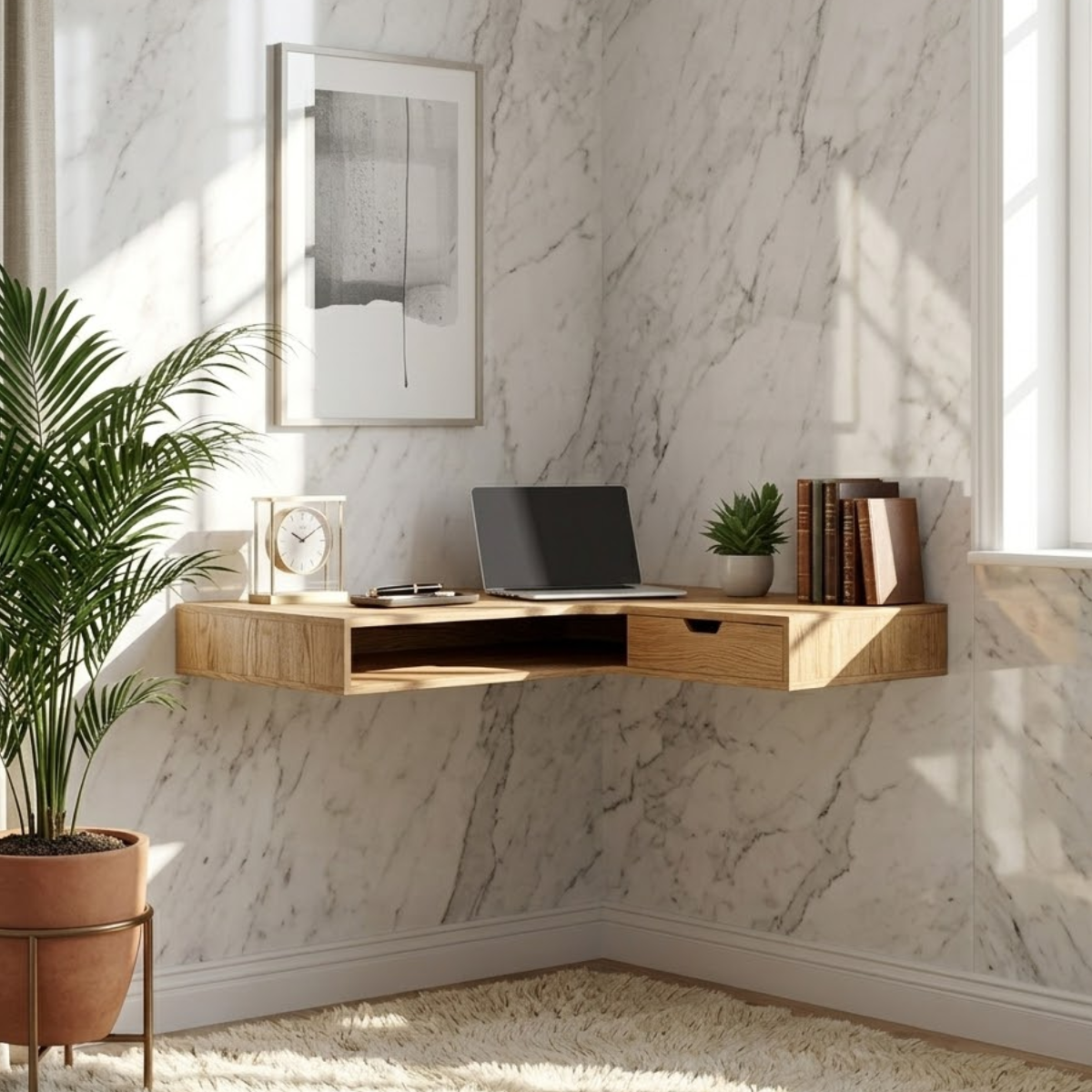 Floating Corner Desk – Slim Walnut Wall Workspace