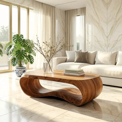 Contemporary Sculptural Wood Coffee Table with Curved Design Kitchnce