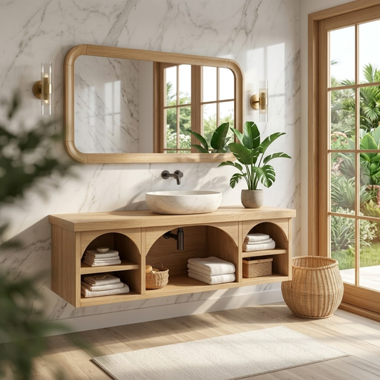 Solid Wood Floating Vanity with Arched Storage and Modern Design Kitchnce