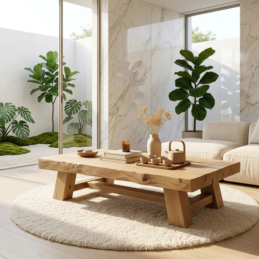 Handcrafted Solid Wood Coffee Table, Rustic Style with Geometric Legs Kitchnce