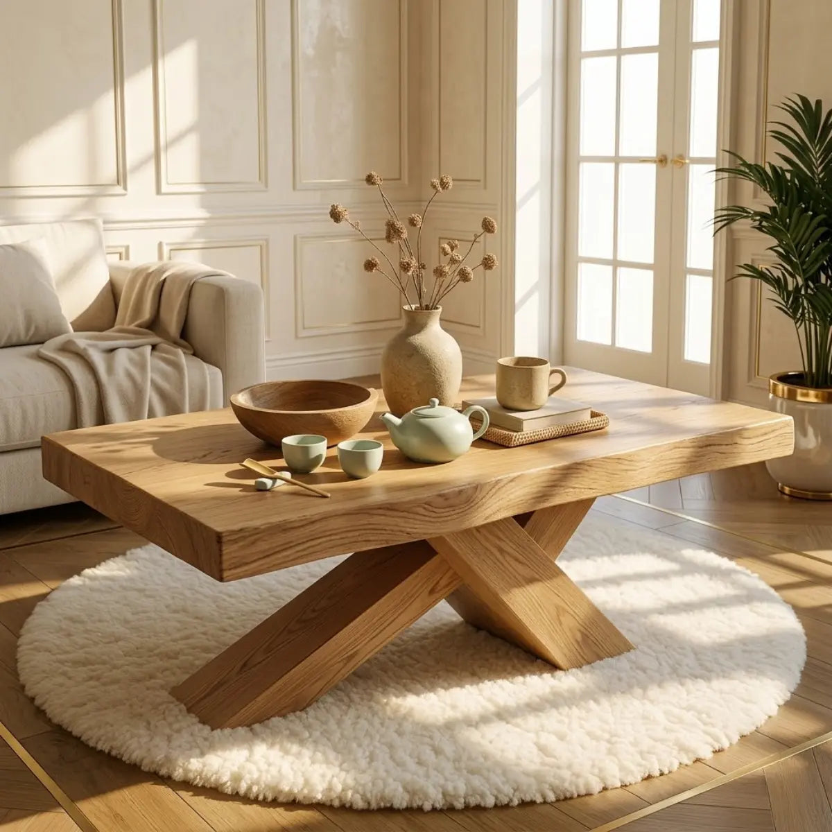 Rustic Solid Wood Coffee Table with X-shaped Legs and Natural Finish Kitchnce