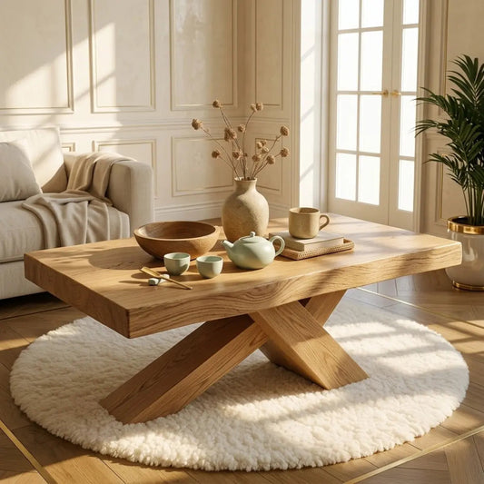 Rustic Solid Wood Coffee Table with X-shaped Legs and Natural Finish Kitchnce
