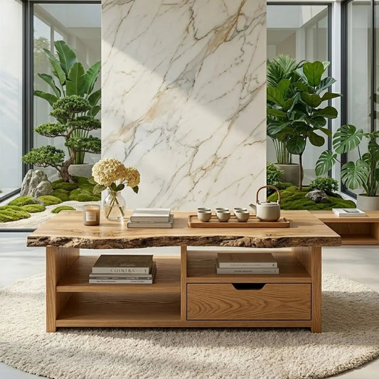 Live Edge Oak Coffee Table with Storage Drawer and Shelf, Solid Wood Living Room Table Kitchnce