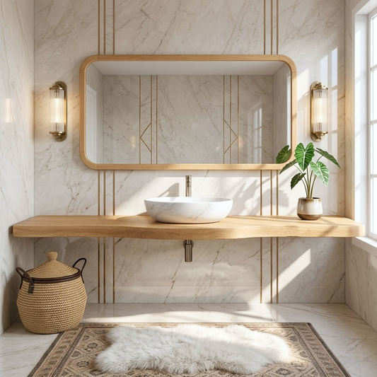 Floating Vanity with Wooden Base, White Stone Sink, and Elegant Design Kitchnce
