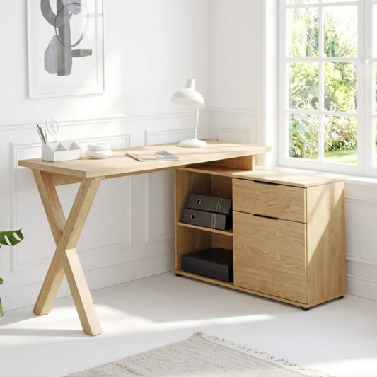 Modern Corner Desk with Storage Drawers and Open Shelf Home Office Work Table