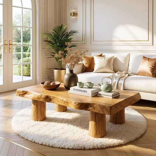 Handcrafted Wooden Coffee Table with Thick Pillar Legs and Natural Finish Kitchnce