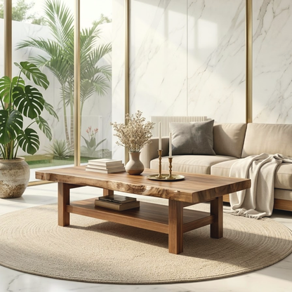 Handcrafted Solid Wood Coffee Table with Open Shelf and Natural Finish Kitchnce