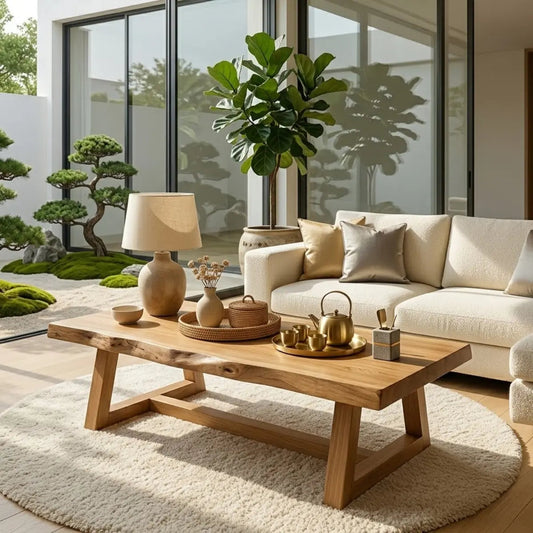 Rustic Solid Wood Coffee Table with Live Edge Top and Trestle Base for Living Room Kitchnce