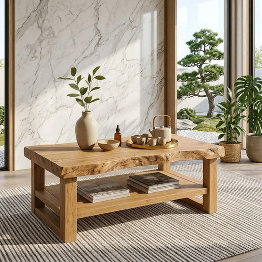 Rustic Solid Wood Coffee Table with Natural Finish and Lower Storage Kitchnce