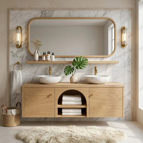 Double Sink Floating Vanity with Wooden Base and Elegant Gold Fixtures Kitchnce
