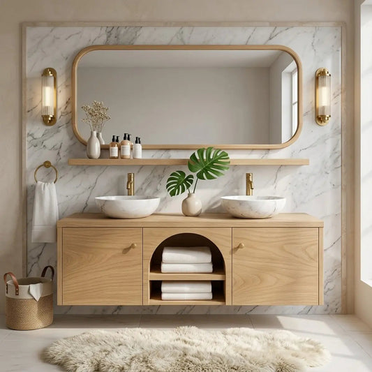 Double Sink Floating Vanity with Wooden Base and Elegant Gold Fixtures Kitchnce