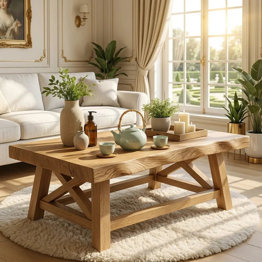 Handcrafted Wooden Coffee Table with X-Shaped Support, Natural Rustic Finish Kitchnce