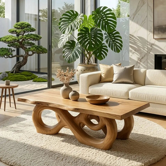 Sculptural Solid Wood Coffee Table with Artistic Carved Base, Modern Living Room Table Kitchnce