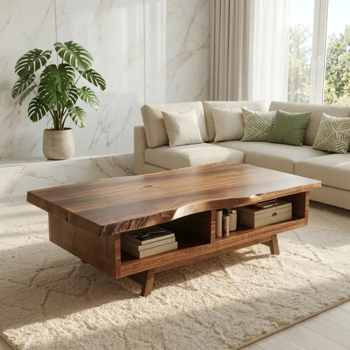 Handcrafted Walnut Coffee Table with Storage, Natural Wood Living Room Furniture Kitchnce