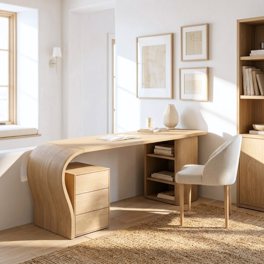Modern Curved Writing Desk with Drawers and Shelf Home Office Work Table Design