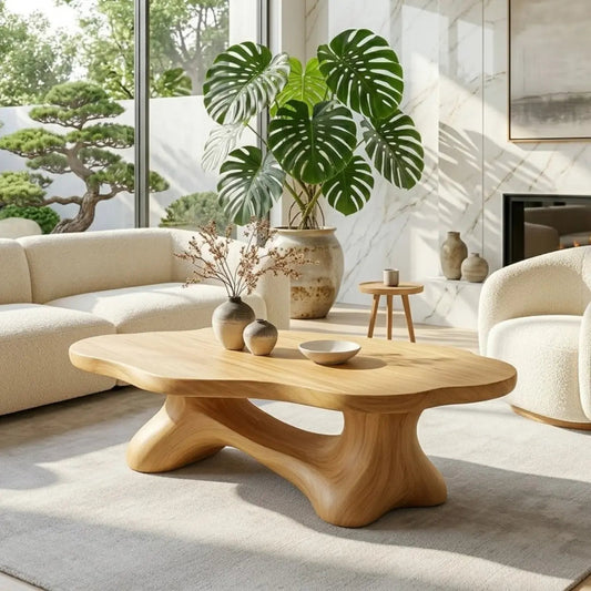 Solid Wood Sculptural Coffee Table with Organic Carved Base, Modern Designer Living Room Table Kitchnce