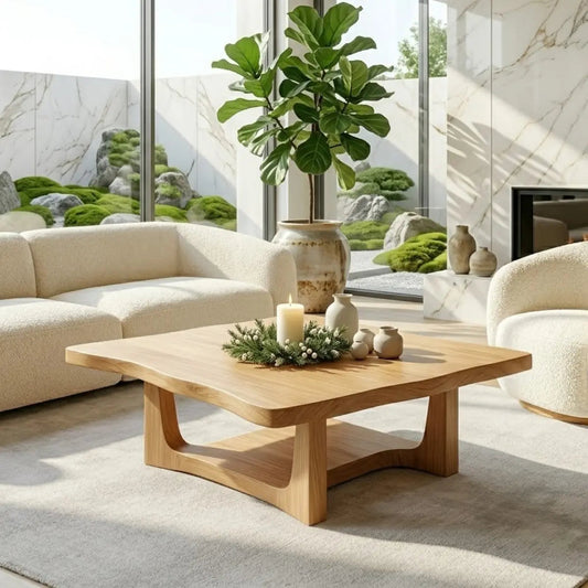Solid Oak Coffee Table with Curved Edges and Open Base, Modern Japanese Style Living Room Table Kitchnce