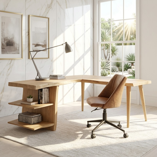 Modern L Shaped Writing Desk with Shelf Home Office Corner Workstation Table