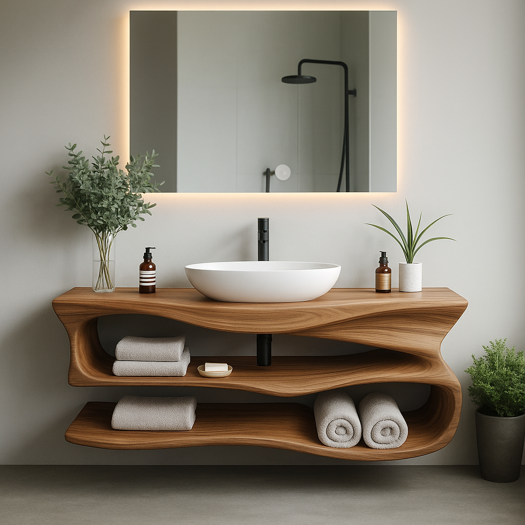 Handcrafted Solid Wood Floating Vanity – Modern Sculptural Bathroom Sink Shelf Kitchnce