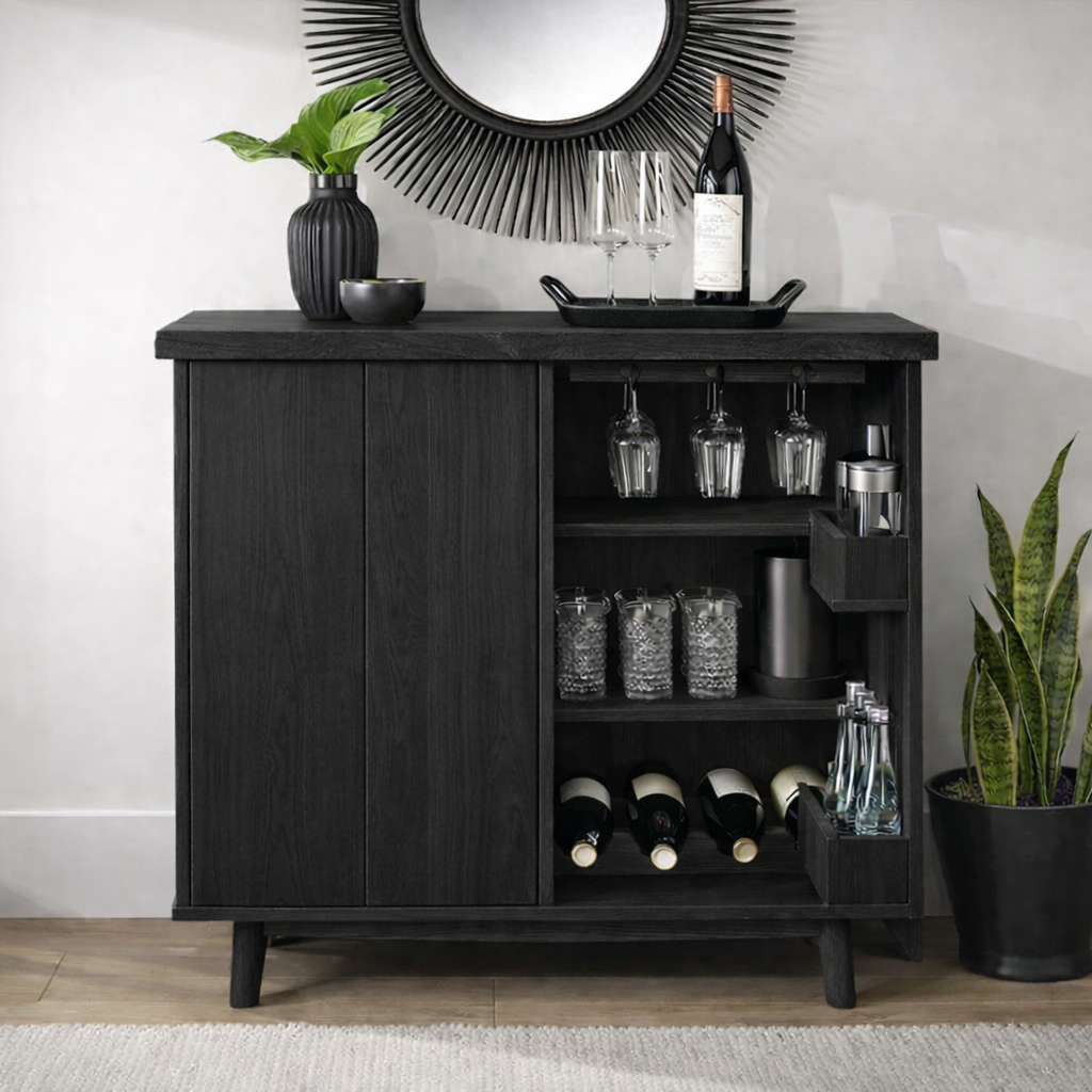 Solid Wood Wine Cabinet with Glass Holder and Home Bar Storage