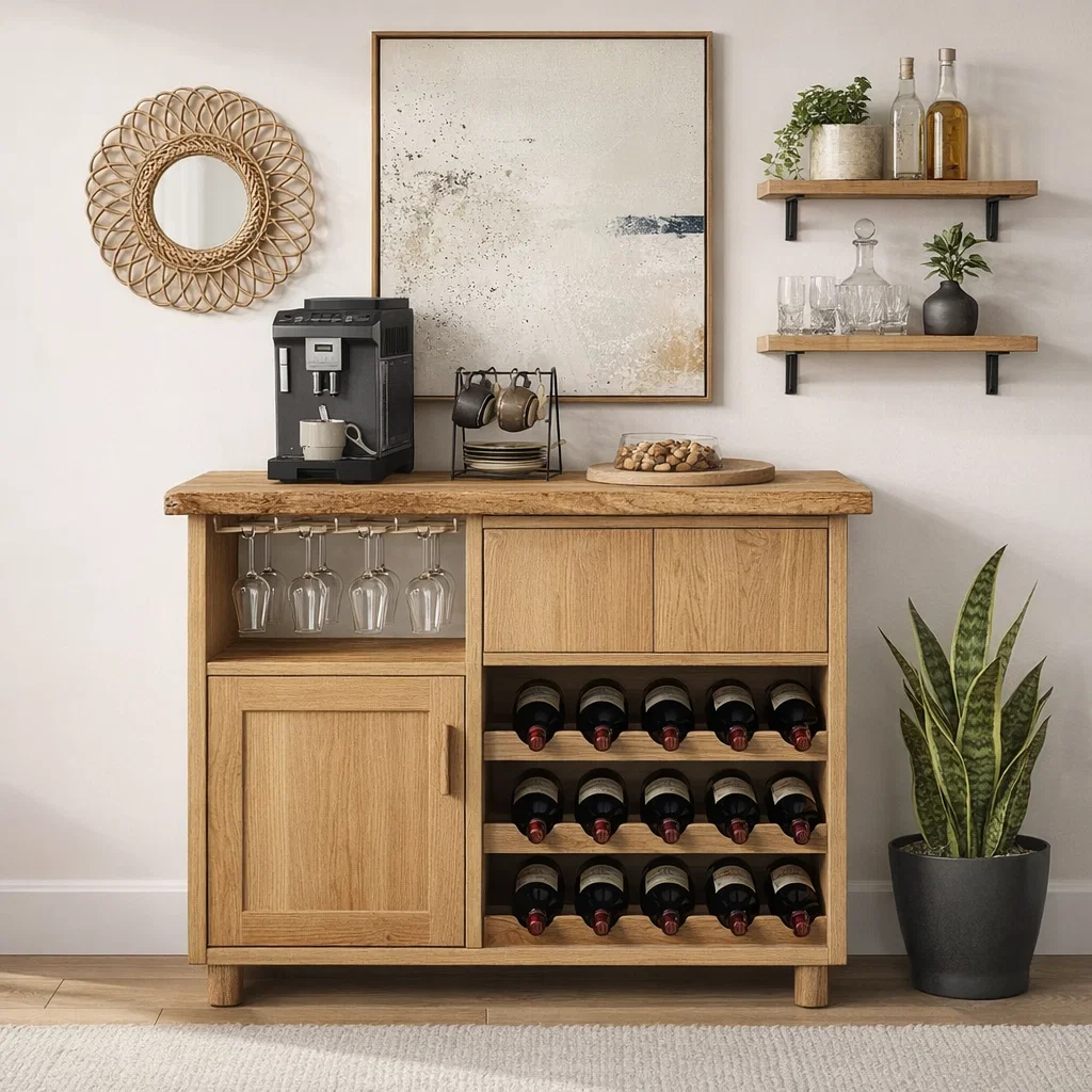 Solid Wood Wine Cabinet with Glass Holder and Bottle Storage Rack