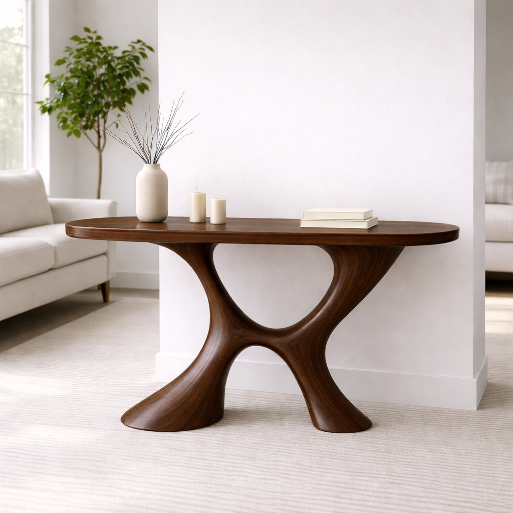 Modern Solid Wood Console Table, Sculptural Organic Base Entryway Hallway Oak Statement Furniture Kitchnce