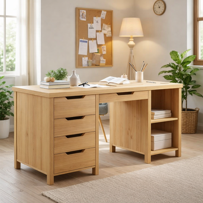 Solid Wood Handmade Work Desk with Drawers and Bookshelf Storage