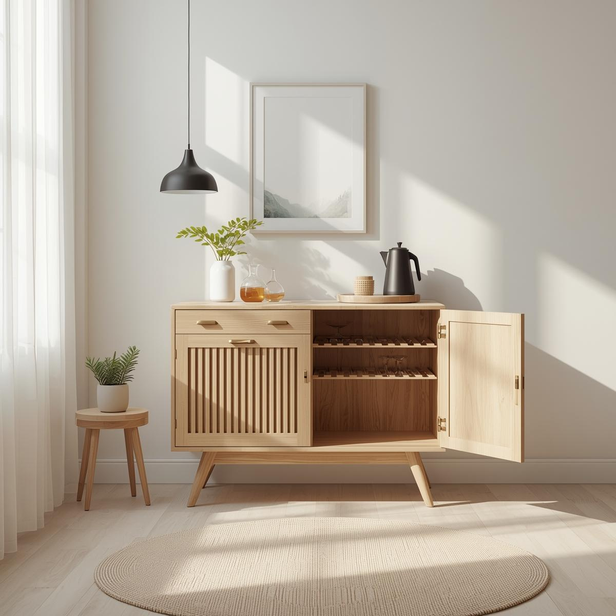 Mid Century Solid Wood Wine Cabinet with Sliding Door and Bottle Rack Storage