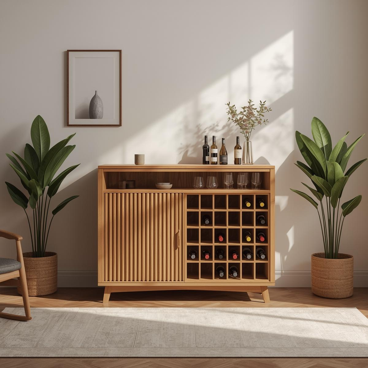 Solid Wood Wine Cabinet with Slatted Door and Bottle Rack Storage